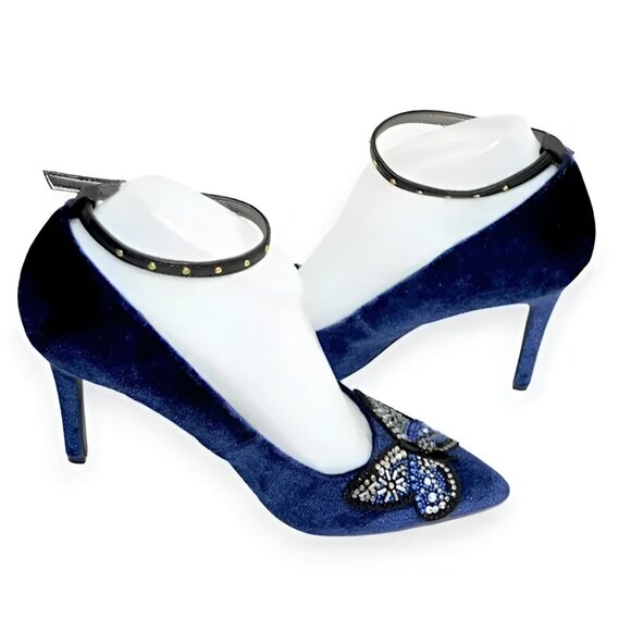 Edelman Sapphire Dark Navy Blue Butterfly Beaded Velvet Holiday Pumps Heels 7.5 - Picture 5 of 9